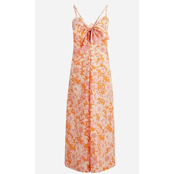 J Crew Tie-Front Cotton Poplin Midi Dress in Orange Floral Women's L NEW - Picture 3 of 8
